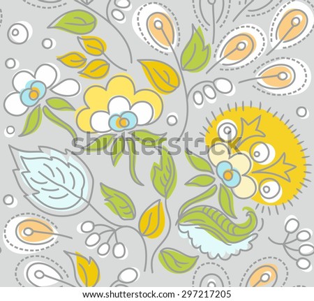 Seamless gray pattern, yellow flowers, white berries. Seamless pattern with yellow flowers and seeds, blue, green leaves on a gray background. For printing on paper, fabric and decoration.
