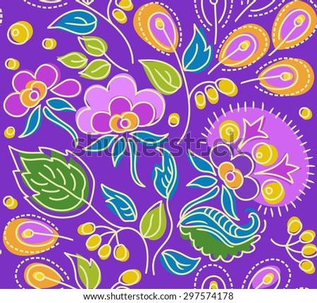 Seamless violet pattern of flowers, yellow berries and orange seeds. Pink flowers, green leaves and yellow berries on a purple background. Seamless pattern. The contour, color painting.