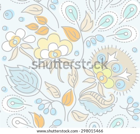 Seamless, floral pattern, yellow flowers, blue berries, blue background. Seamless pattern with blue berries and yellow flowers on a light background. To print on paper, print on fabric.