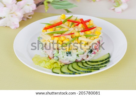 spring salad with corn, cucumber and sweet pepper