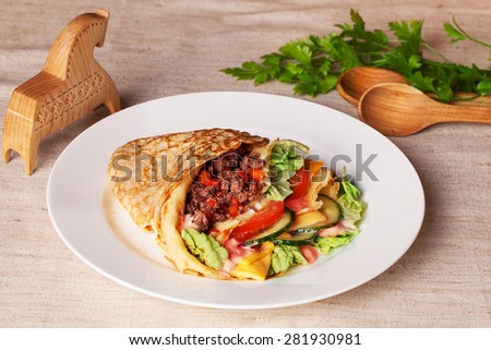 Pancake hamburger idea dishes, unusual food, delicious, rustic country style still life, fast food, recipe,