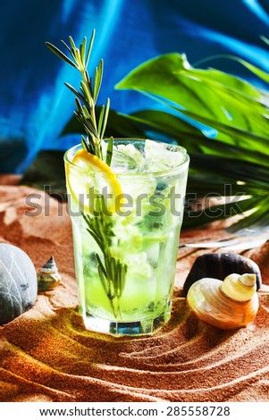 cocktail with rosemary and tonic on the sand beach sea summer refreshing iced