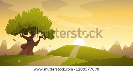 Cartoon illustration of the summer countryside landscape. Sunset in the valley with mountain in background.