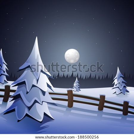 Cartoon season landscape illustration, pines in the snow.