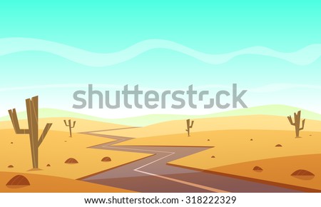 Desert landscape with asphalt road, cartoon vector illustration.