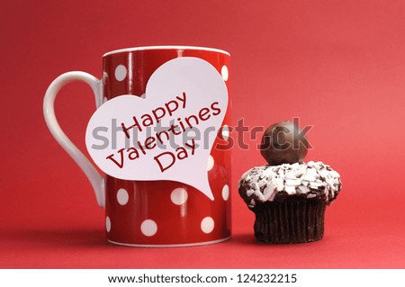 &Quot;Happy Valentines Day&Quot; Messages On Red Polka Dot Mug With Chocolate Cupcake Against A Red Background For A Bright, Fun And Cheerful Valentines Day.