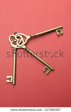 Bunch of heart shape keys for \'keys to my heart\', \'keys to my success\' or business \'key performance indicators\' concept, on red background.