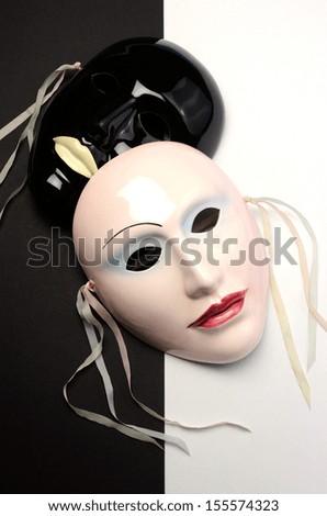 Black and white theme ceramic masks for acting, performance or theater concept. Vertical.