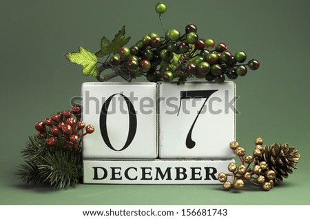 December 7: Save the Date calendar with Winter theme colors, fruit and flowers, for birthdays, special occasions, holidays, weddings, website events, or Christmas Advent calendar days.