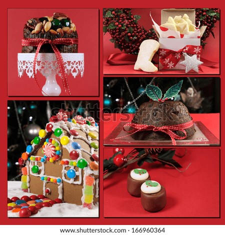 Red theme Christmas food collage including, plum pudding, Christmas fruit cake, gingerbread house, chocolates, and santa boot shortbread.