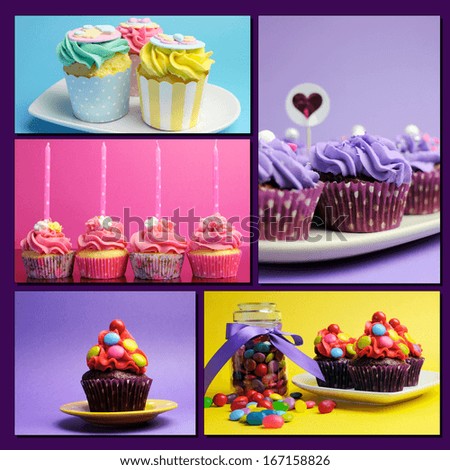 Colorful collage of bright color cupcakes for birthday, wedding, halloween, Christmas, baby or bridal shower, and wedding special occasions.
