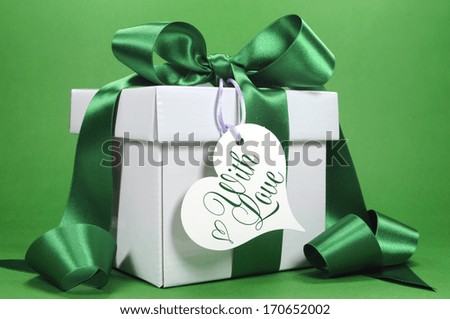 Beautiful green and white gift with luxury ribbon and love heart for Christmas, Easter, Valentine, Mothers Day, wedding or birthday occasion.