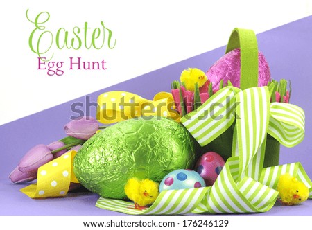 Happy Easter bright color Easter egg hunt theme with yellow, green ribbons and basket of eggs and chicks with sample greeting or copy space for your text here.
