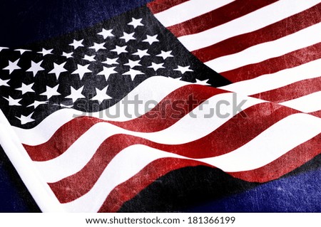 Grunge distressed aged old USA flag for Memorial Day, D-day 6 June 1944, 70th anniversary WWII, or 100th anniversary start of WWI events.
