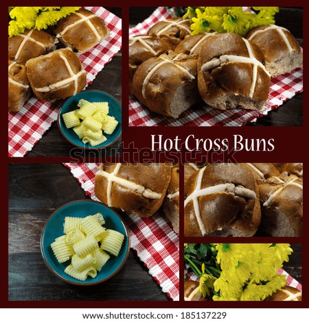 Collage of English style Happy Easter Hot Cross Buns tradition for Good Friday meal on dark vintage country style red check place mat setting with yellow Spring daisies.
