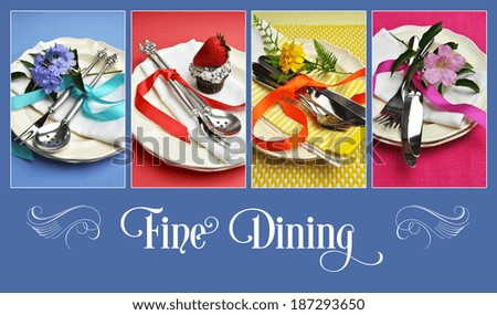 Collage of four fining dining images with sample text for Easter, Thanksgiving, Christmas, birthday, wedding or special occasion table settings in blue, pink, yellow or red themes.