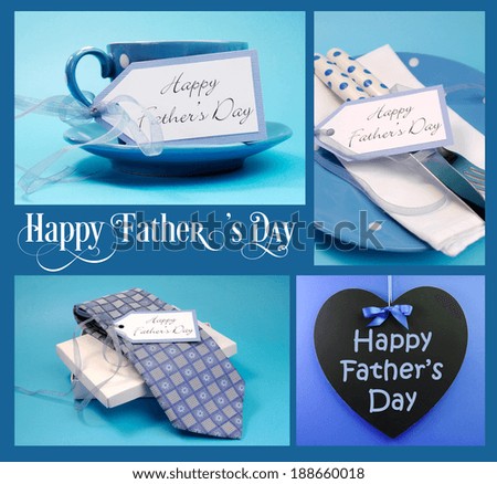Happy Fathers Day collage of four images with gifts, greeting blackboard and sample text on blue background.