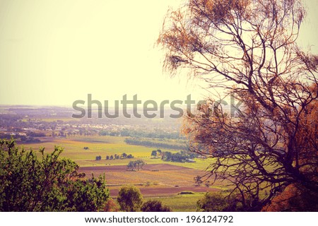 Retro sunset filter style scenic views overlooking Barossa Valley, South Australian prominent wine growing region