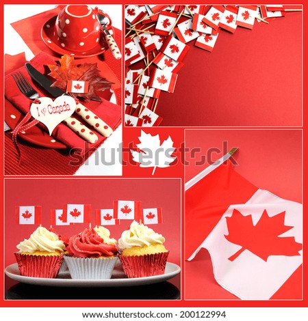 Happy Canada Day collage of party table setting, flag, cupcakes and red and white maple leaf background.