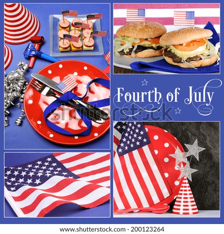 Happy Fourth of July, Independence Day collage of party table food, hamburgers, stars and stripes flag and barbecue background.