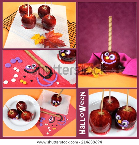 Making homemade Happy Halloween toffee caramel candy apples with crazy smiling faces for trick or treating collage of five images with sample text.