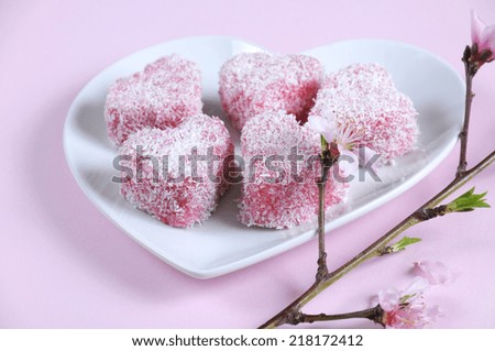 Homemade Australian style pink heart shape small lamington cake on heart shape white plate with spring blossom on a pink background. Closeup.