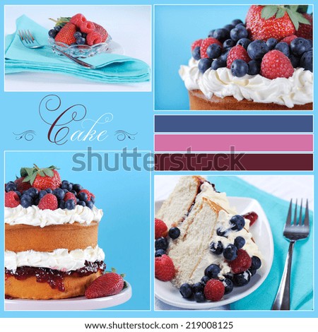 Sponge layer cake with whipped cream and fresh berries collage with sample text and sample borders.