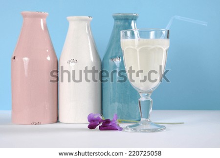 Vintage style pink, white and blue milk bottles with glass of milk against a blue background.