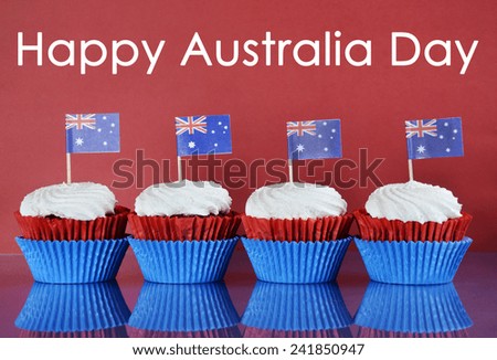 Happy Australia Day, January 26th, party food with red, white and blue cupcakes and Australian flags on red and blue background with sample text greeting.