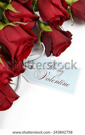 Happy Valentines Day bouquet of red roses on white background, vertical with Be My Valentine greeting tag card. .
