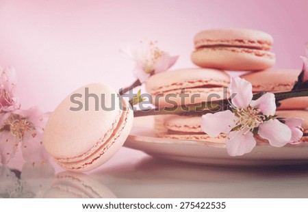 Shabby chic vintage style pink macarons on white reflective table and pink Spring blossom, with applied retro style filters and added lens flare light beam.