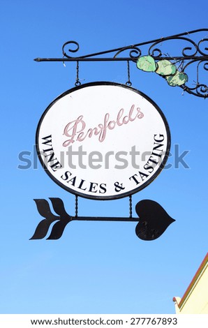BAROSSA VALLEY, SOUTH AUSTRALIA - DECEMBER 31, 2014: Outdoor signage to Penfolds Wines Estate wine sales and tasting building.