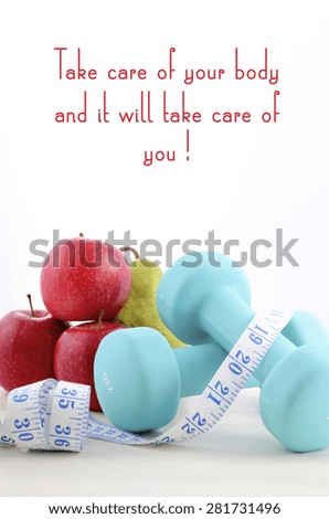 Health and fitness concept with feminine dumbbells and popular inspirational saying text.