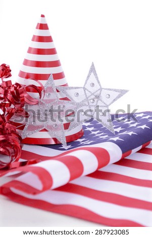Patriotic party decorations and stars and stripes flag for Fourth of July and USA Events.