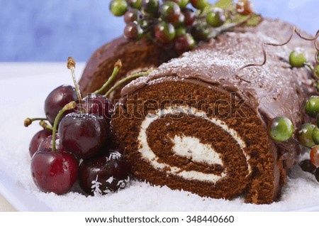 Christmas Yule Log, Buche de Noel, chocolate cake with branch, fresh cherries and festive berry decorations on a white serving platter, closeup.