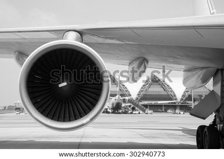 black and white airplane turbine detail