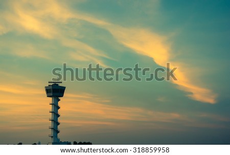 Air Traffic Control tower Sunset Sky, vintage color style
