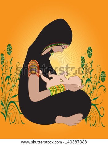A vector illustration of an Indian Hindu women as mother caring/playing with her new born child or kid, wearing traditional dress sari(saree), bangle, bindi(sindoor/sindur) and ear rings