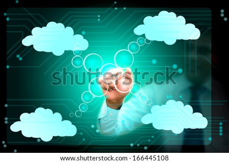 Business man operating cloud computing network connecting various cloud systems
