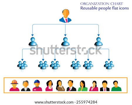 Organization hierarchy chart infographic design and reusable people flat icon collection