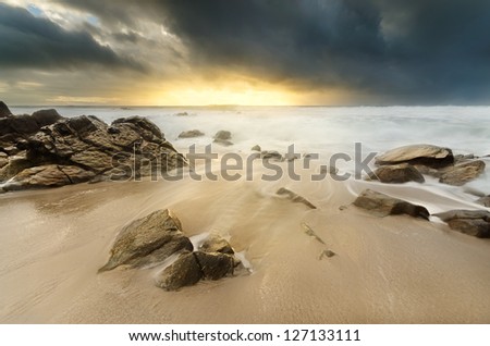 Beach photo, sea, dramatic clouds and stunning light