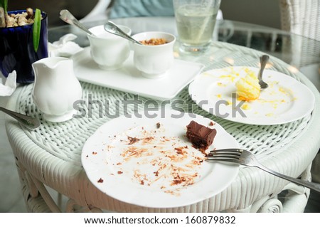 Soiled cake plates on rattan table
