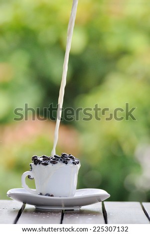 Coffee seed in white cup and pouring fresh milk in action.
