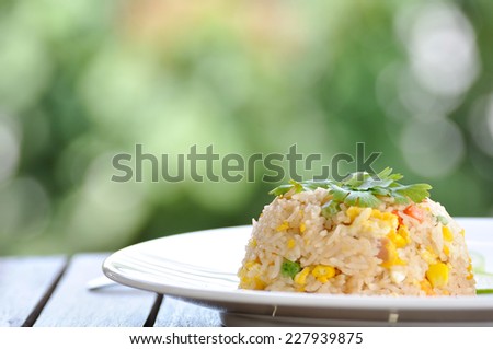 Pork fired rice in white plate on wooden table with nice bokeh