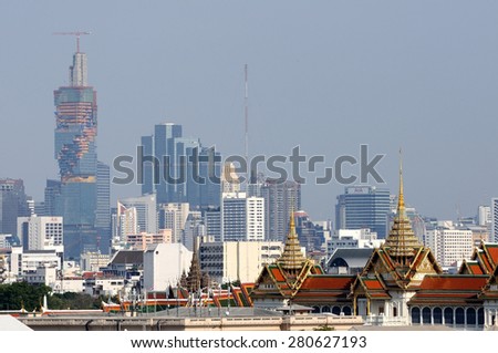 BANGKOK -APRIL 28th : Landscape view of Bangkok that show way of life of balance between traditional culture and modernization on April 28, 2015 Bangkok Thailand.