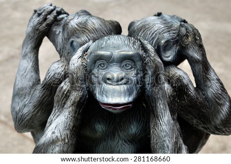 Three wise monkeys or Three Mystic Apes sacred ancient icon