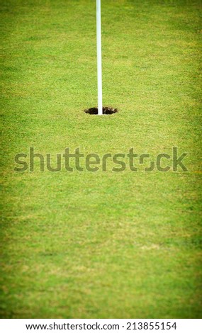 Hole on the putting green of a golf course with the flag in place and short neat manicured grass