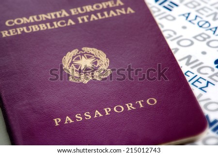 Close up view of the exterior cover of an Italian passport in a travel and citizenship concept