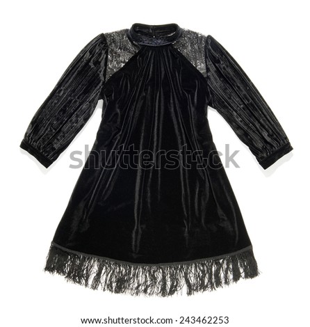 Stylish black dress with a fringe at the hem and high necked collar in a luxurious gathered fabric, isolated on white