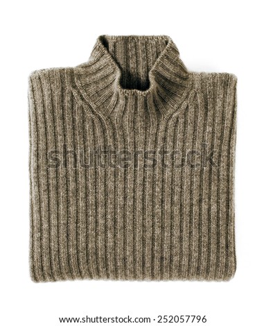Close up Brown Folded Cashmere Turtle Neck Sweater Isolated on White Background.